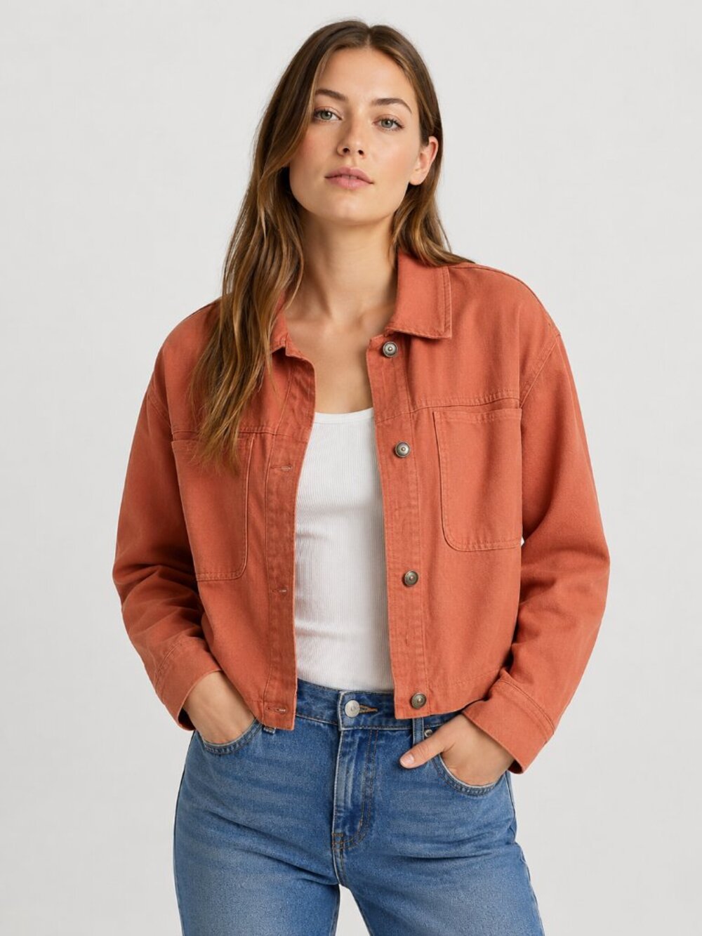 Nine West Burnt Orange Button Front Pocketed Denim Jacket Loose Fit Size Medium